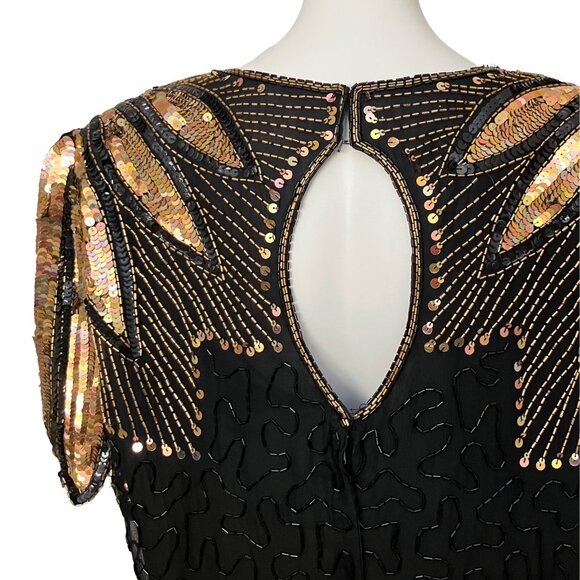 Vintage 80s 100% Silk Beaded Sequin Black Gold Cocktail Dress M/L Deco Flapper - Picture 11 of 15
